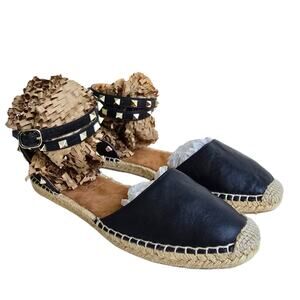 Ankle Wrap  Espadrille Sandals Maypol Sachas Size 9 40 Black Leather Gold Stud